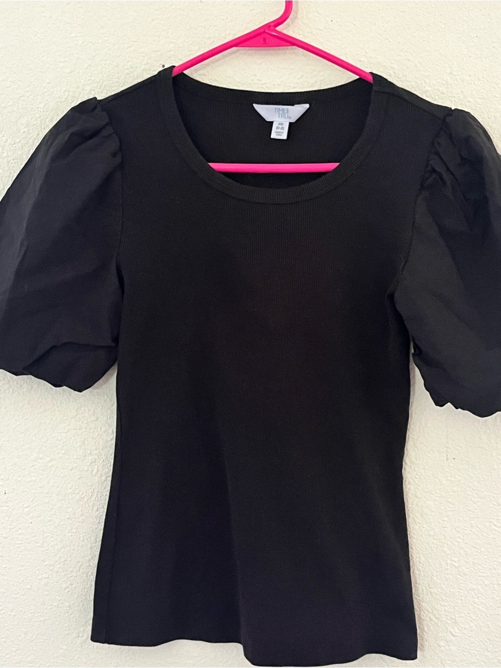 Women’s Time and Tru Black Puff Sleeve Knit Top with Round Neck.  XS